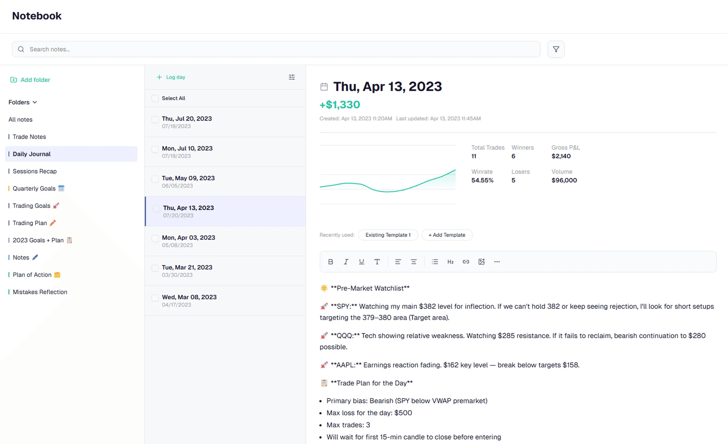 Trading journal notebook with daily trade notes and performance summary