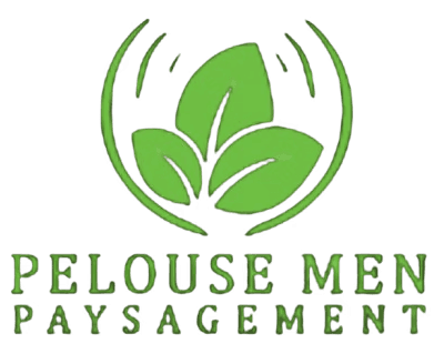 Logo officiel de Pelouse Men Paysagement avec feuille verte et typographie moderne.