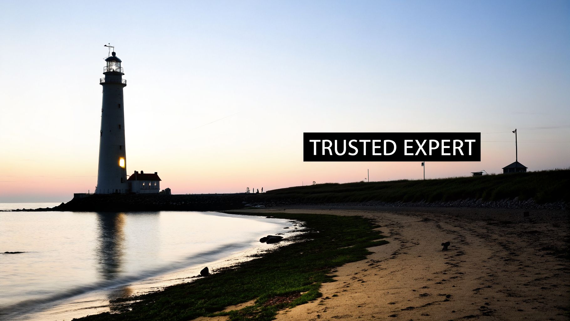 A lighthouse at sunset on a tranquil coast, with 'TRUSTED EXPERT' text overlay.