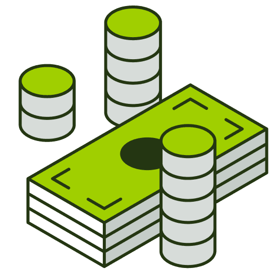 Green money and coin stack icon representing purchasing, supplier management, and financial control.