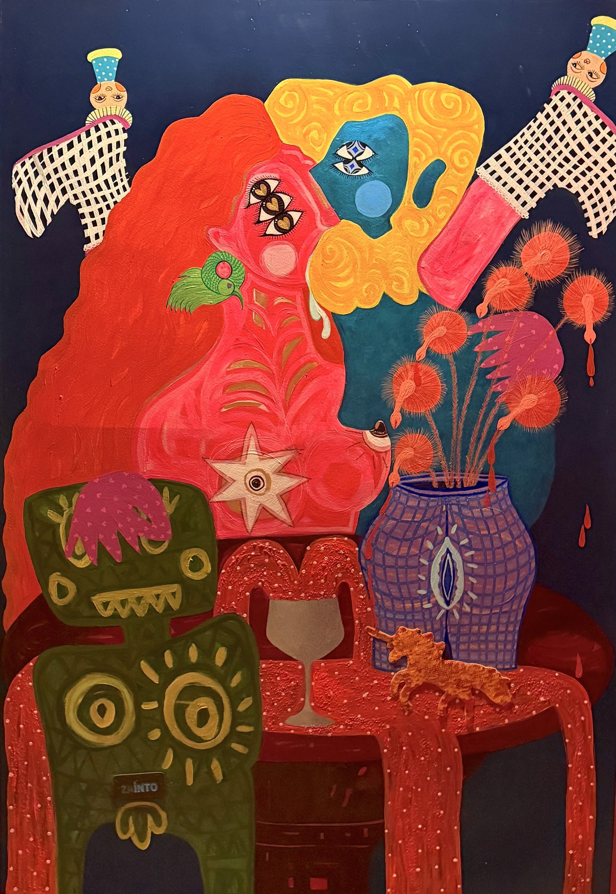 herd of sheep on road painting