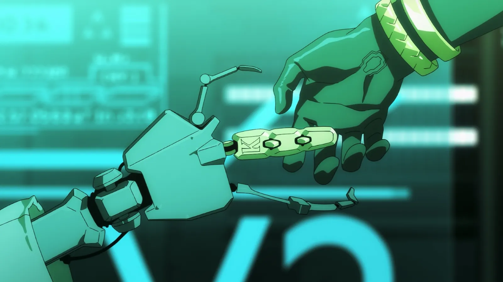 A robotic hand and a human hand, wearing gold bracelets, are reaching toward each other under a green-tinted light, symbolizing the connection between technology and humanity.