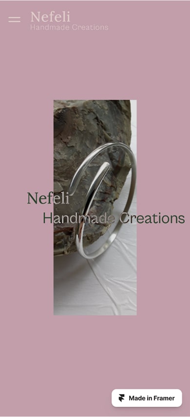 Η ενότητα 'Σχετικά με εμένα' της ιστοσελίδας Nefeli Handmade Creations σε mobile προβολή, με τη φιλοσοφία της δημιουργού και το πορτρέτο της.