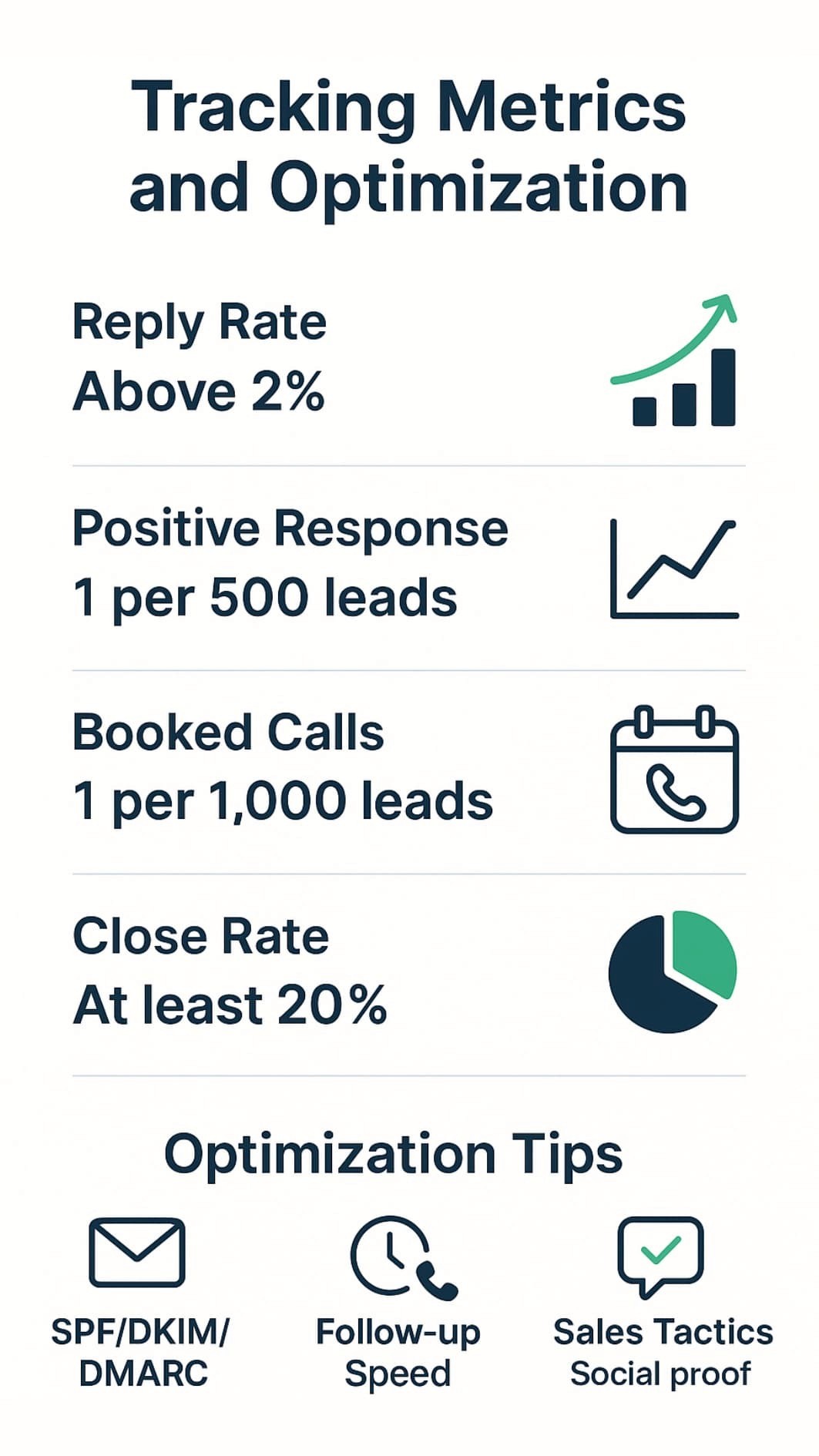 Infographic for High-Converting Cold Email Outreach System: Tracking Metrics and Optimization with charts and icons.