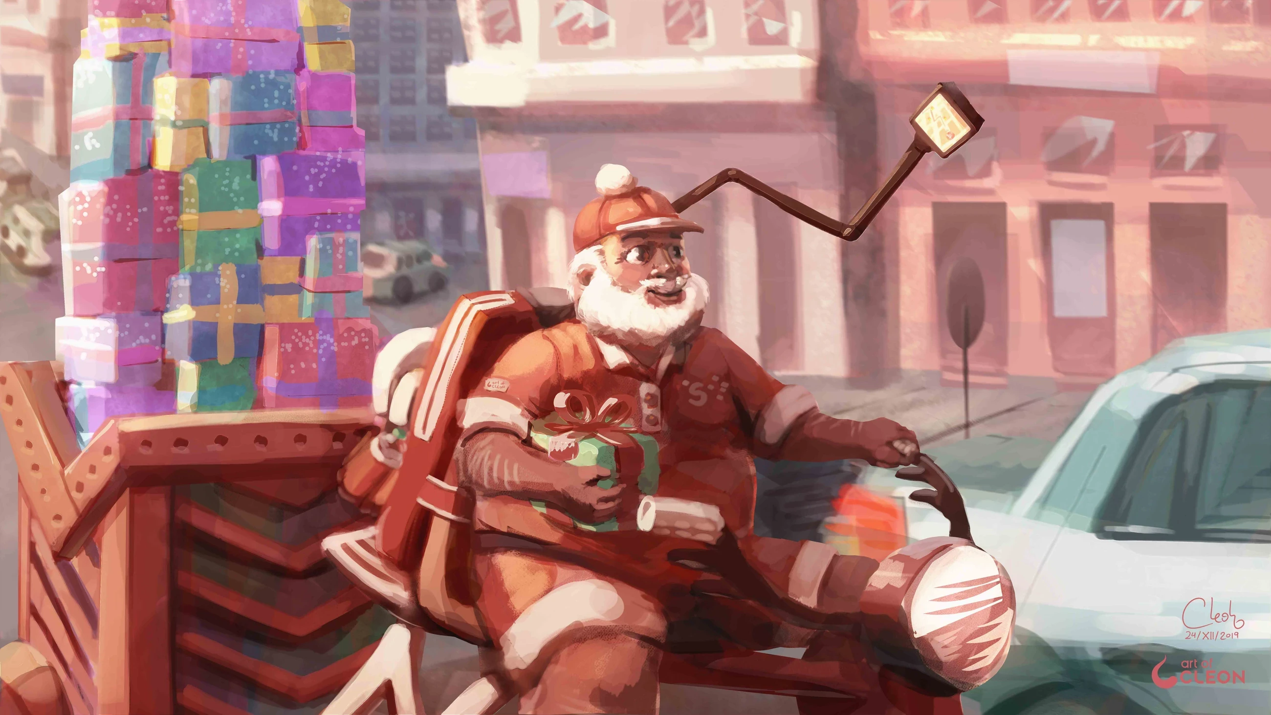 Signed 2019 illustration of Gelso riding a loaded cargo bicycle through a warm city.