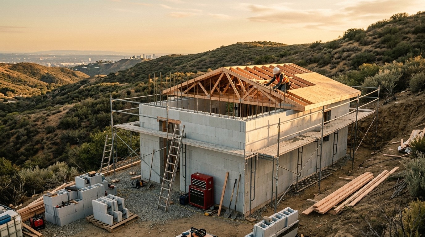concrete formwork rebar residential construction hillside dusk