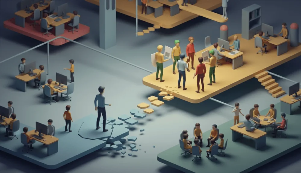 An isometric, low-poly style office scene depicts individuals on fragmented platforms, with a lone man observing a larger group on a complete platform, surrounded by various office activities.