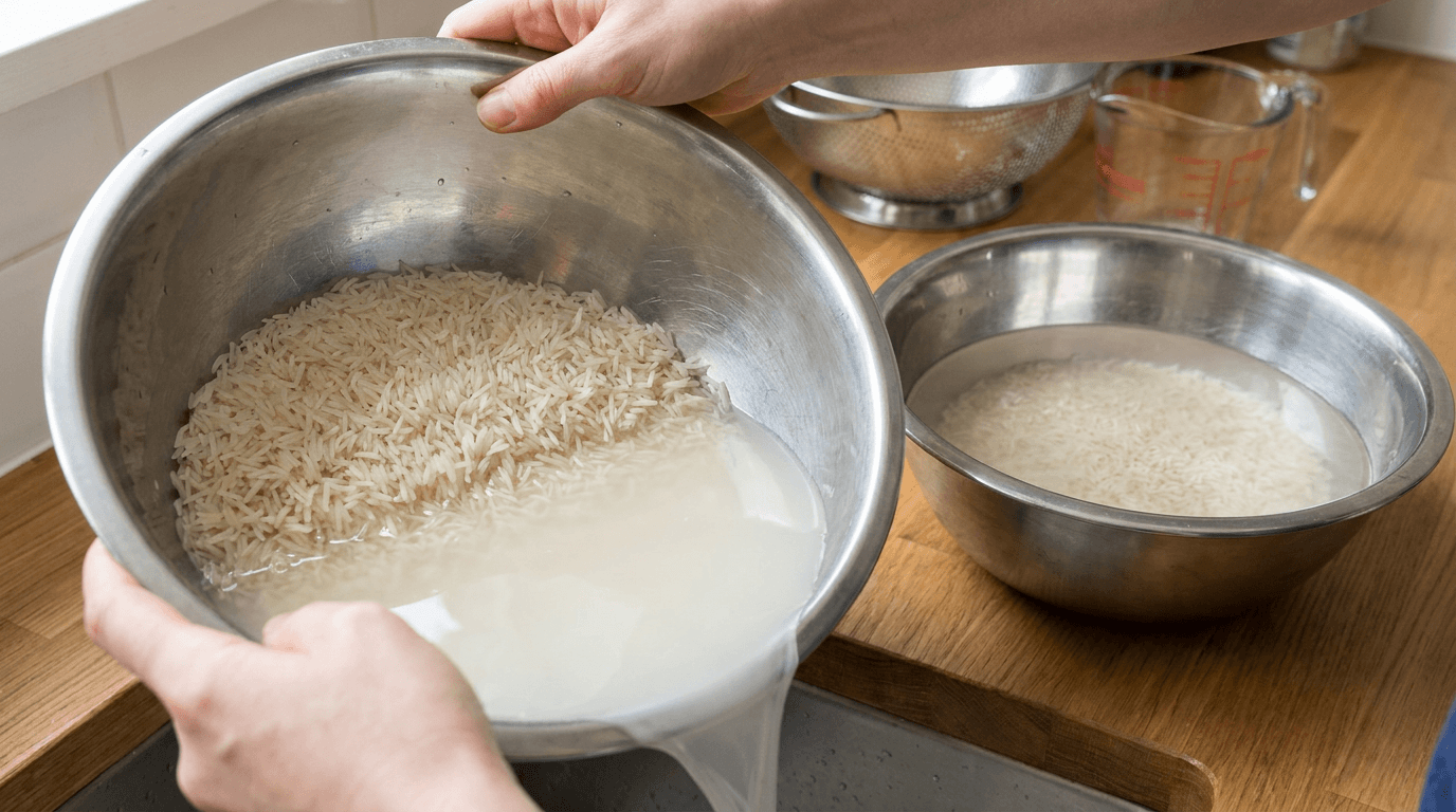 Hands rinsing basmati rice in a bowl until water runs clear