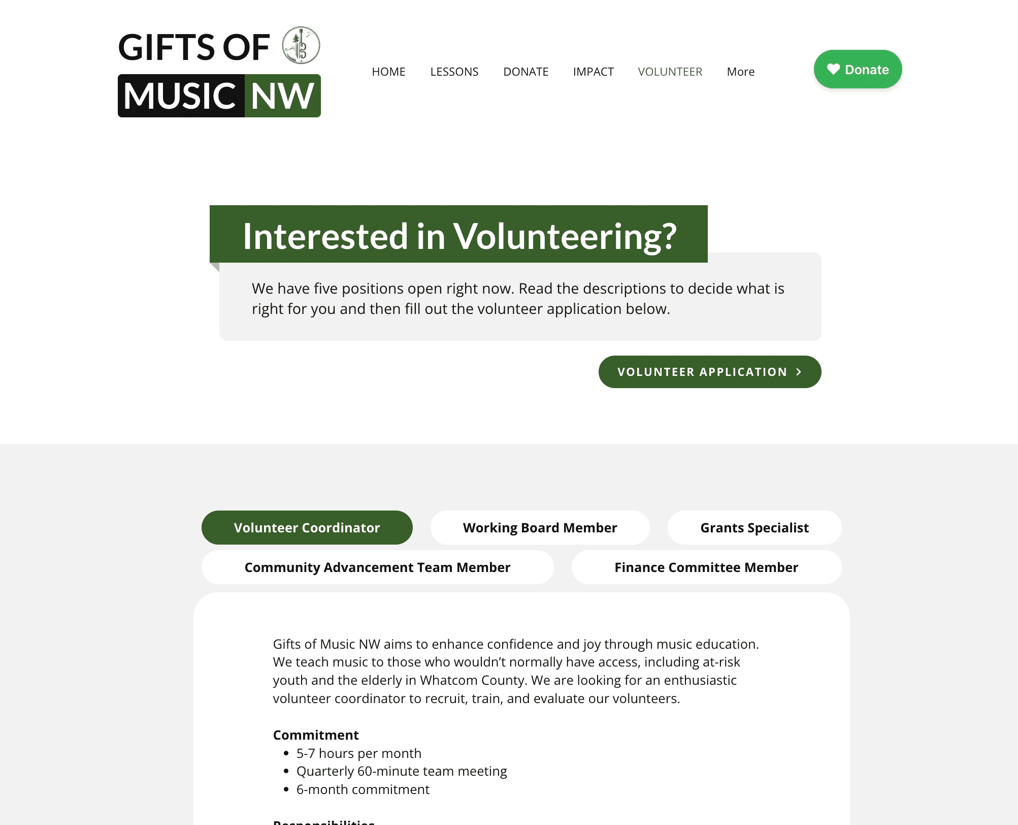 Redesigned volunteer page featuring volunteer opportunities, role tabs, and a volunteer application call to action.