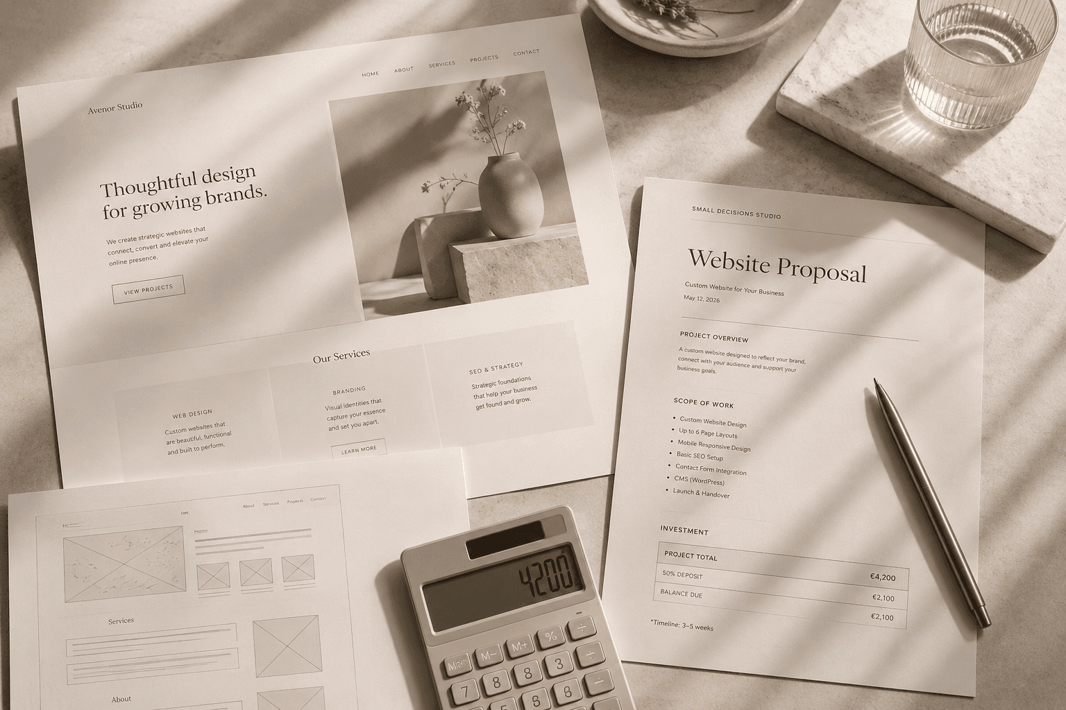 Custom website design services proposal on a desk with website mockups