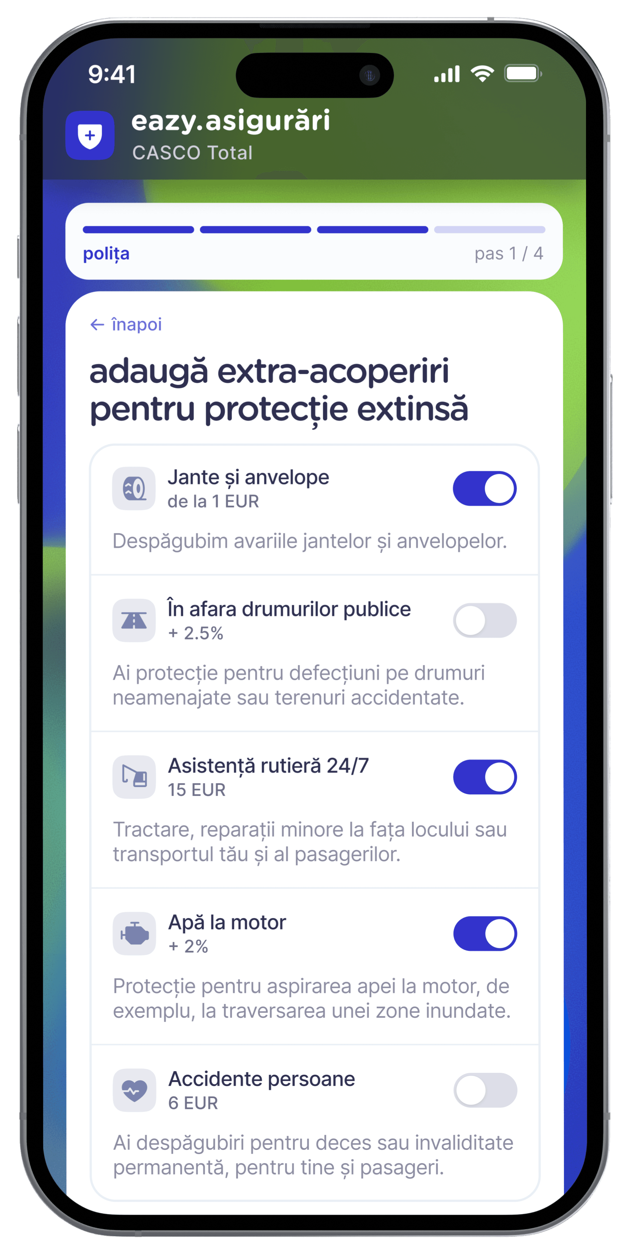 asul 2 în aplicația eazy: personalizezi polița cu extra-acoperiri, jante, protecție zone rurale, asistență rutieră 24/7 și altele