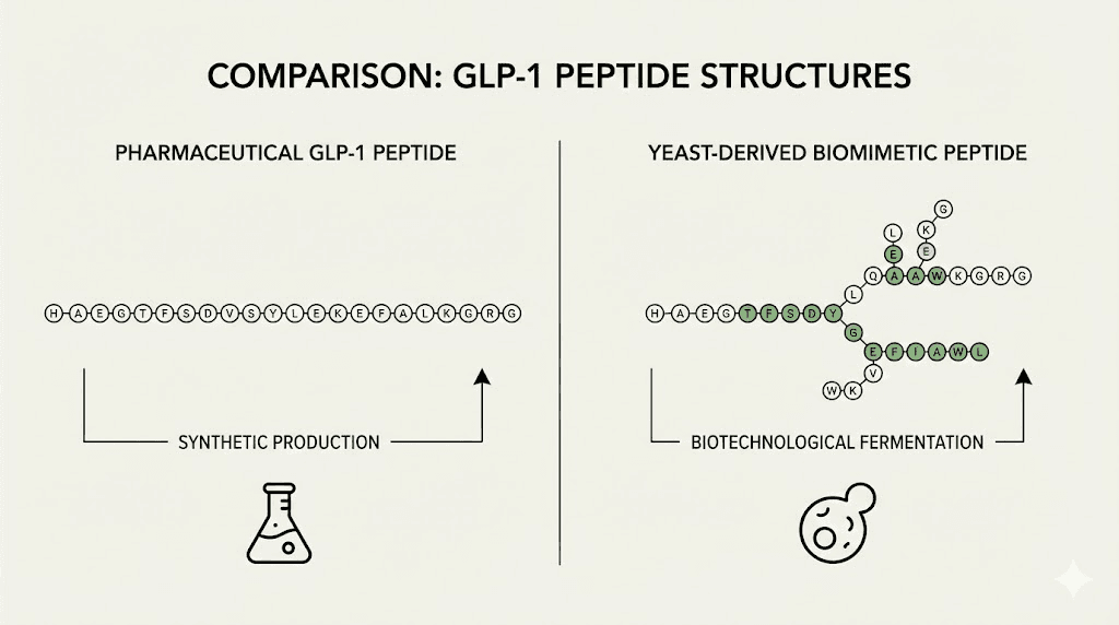 Evolv GLP-1 biomimetic peptide versus pharmaceutical GLP-1 agonist structure