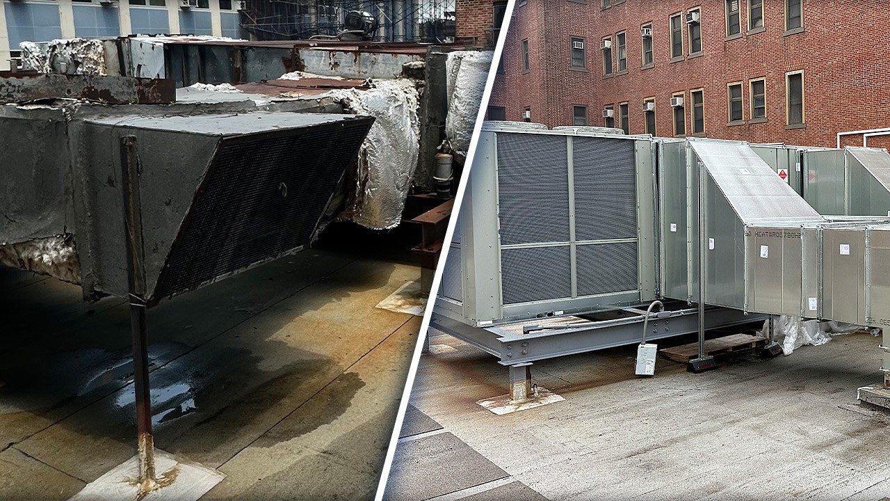 Before and after comparison of an outdated rooftop HVAC unit and a newly installed replacement following rooftop retrofit at Kings County Hospital.