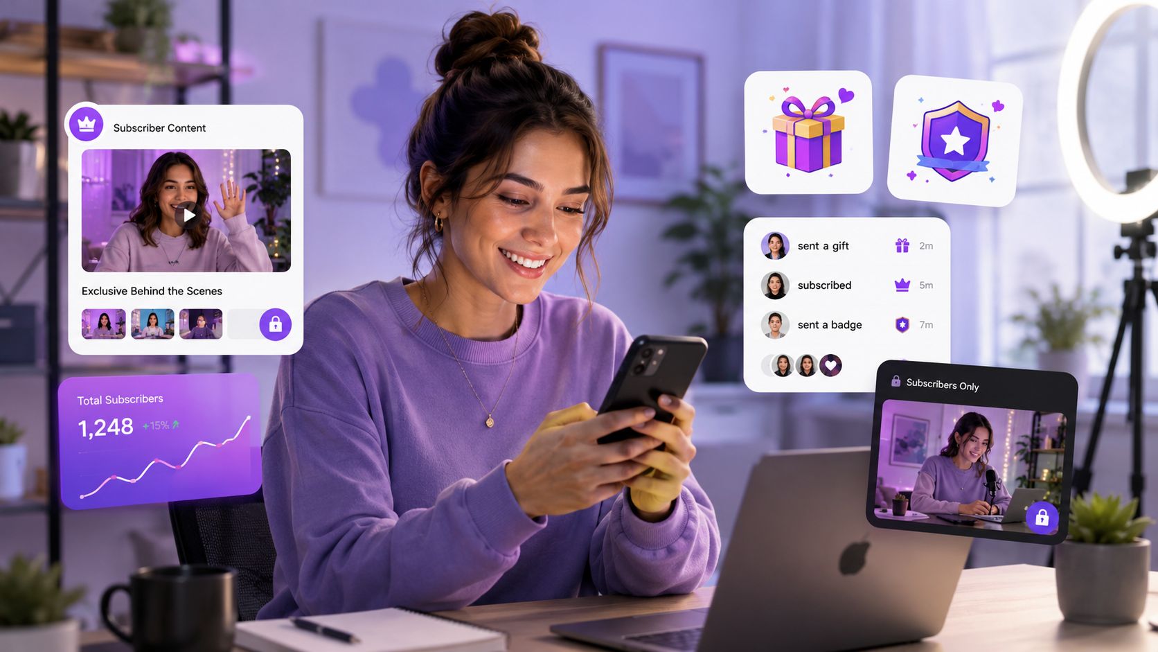 A female content creator looking at her smartphone with monetization and subscriber analytics overlays displayed around her.