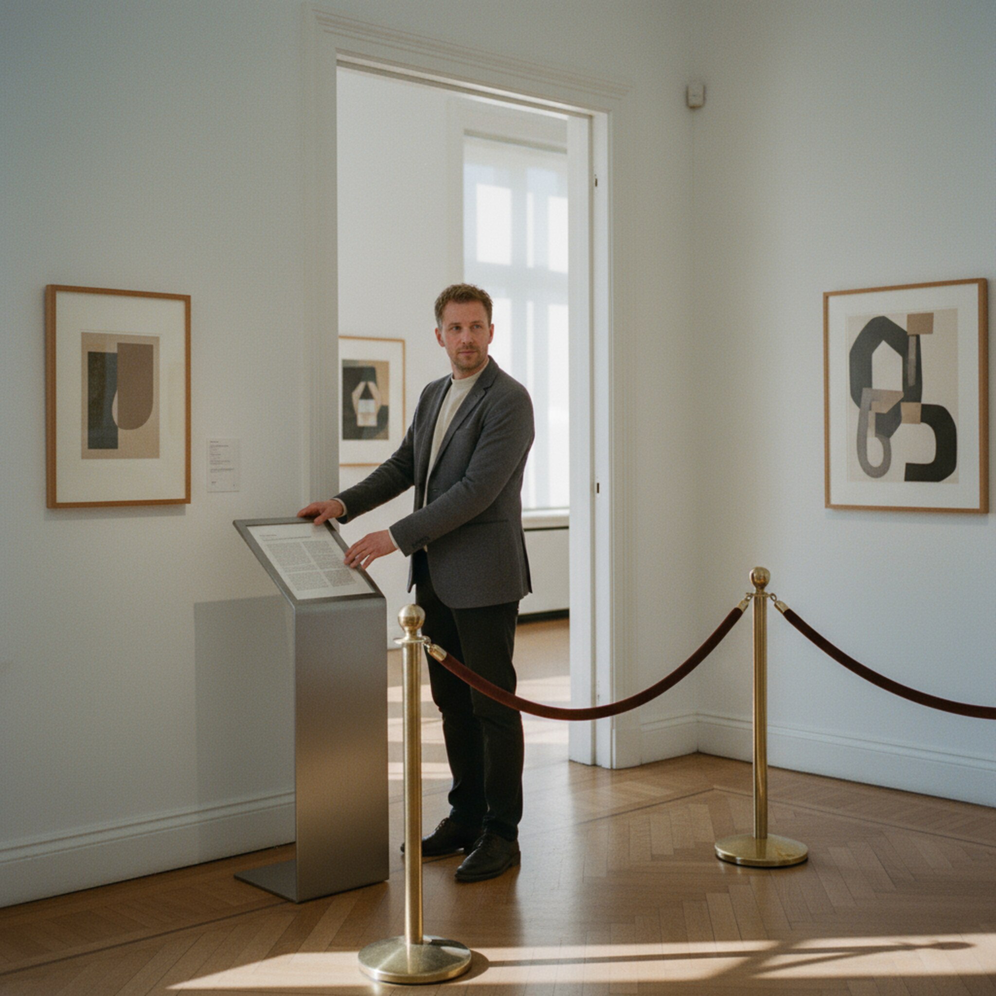 Ein stiller Galerieraum kurz vor Öffnung. Sonnenlicht fällt in schmalen Streifen über den Parkettboden, Absperrbänder markieren diskret Wege. Ein Mitarbeiter richtet ein Schild mit Hinweisen aus. Die Atmosphäre wirkt geordnet, ruhig und bereit für den Tagesandrang.