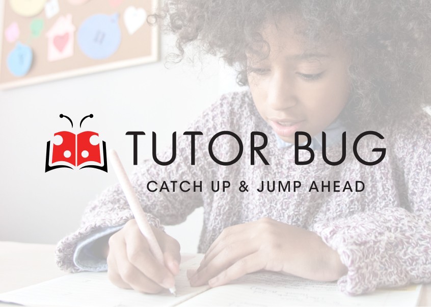 Tutor Bug logo with open book and ladybug design, tagline “Catch Up & Jump Ahead,” placed over a photo of a child writing in a notebook.