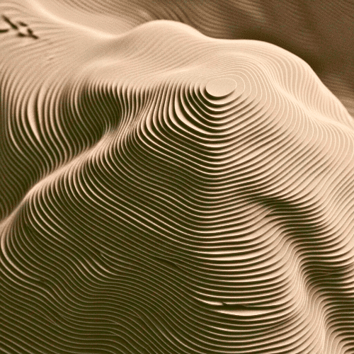 Modelado paramétrico 3D de topografía abstracta con curvas de nivel fluidas en tonos arena, utilizado como fondo texturizado para proyectos creativos.