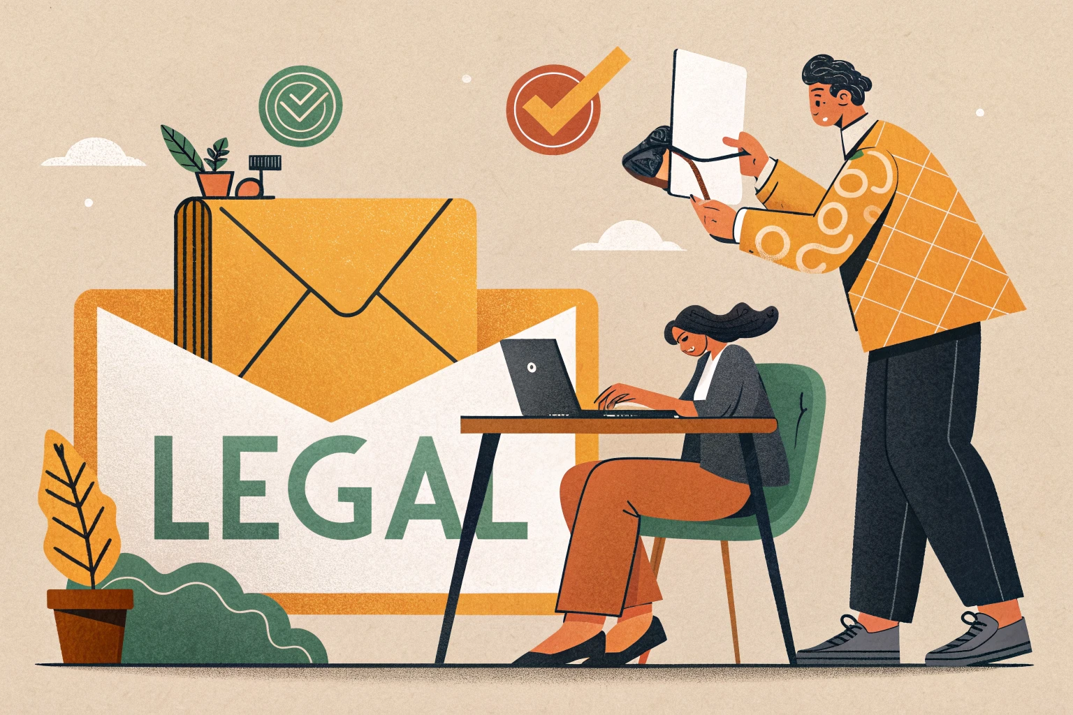 Salesperson stamping a LEGAL envelope while sending a cold email, flat vector illustration in orange, green and black