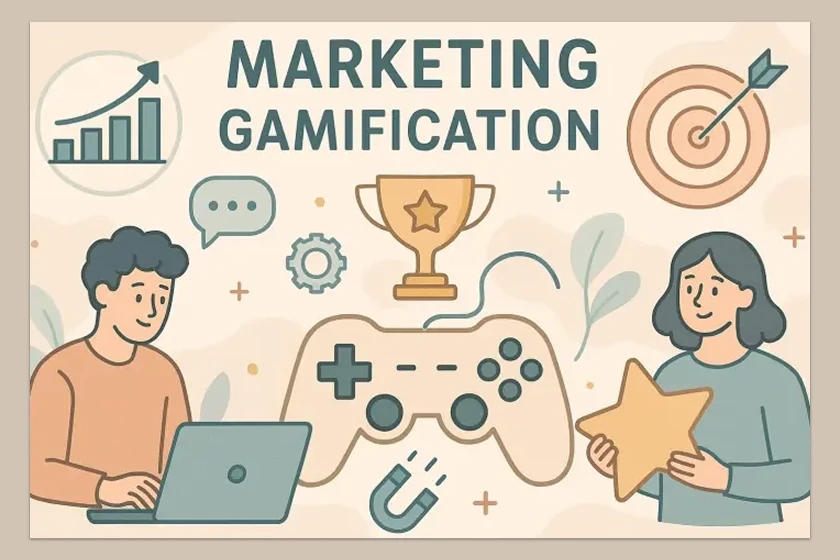 An illustration showing a man and a woman surrounded by elements related to marketing and gaming. A bar chart, a trophy, a star, a controller, and a target with an arrow can be seen, along with the text "MARKETING GAMIFICATION".