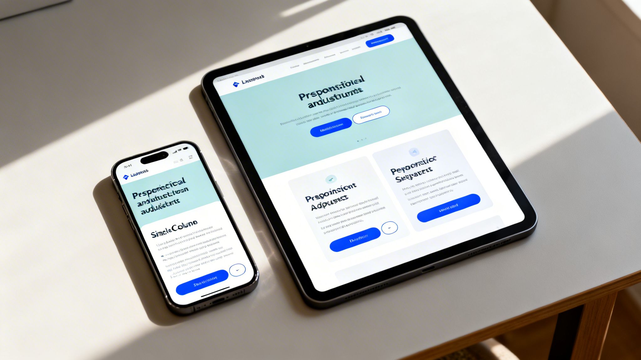 A smartphone and a tablet display a responsive webpage with a blue header and content sections.