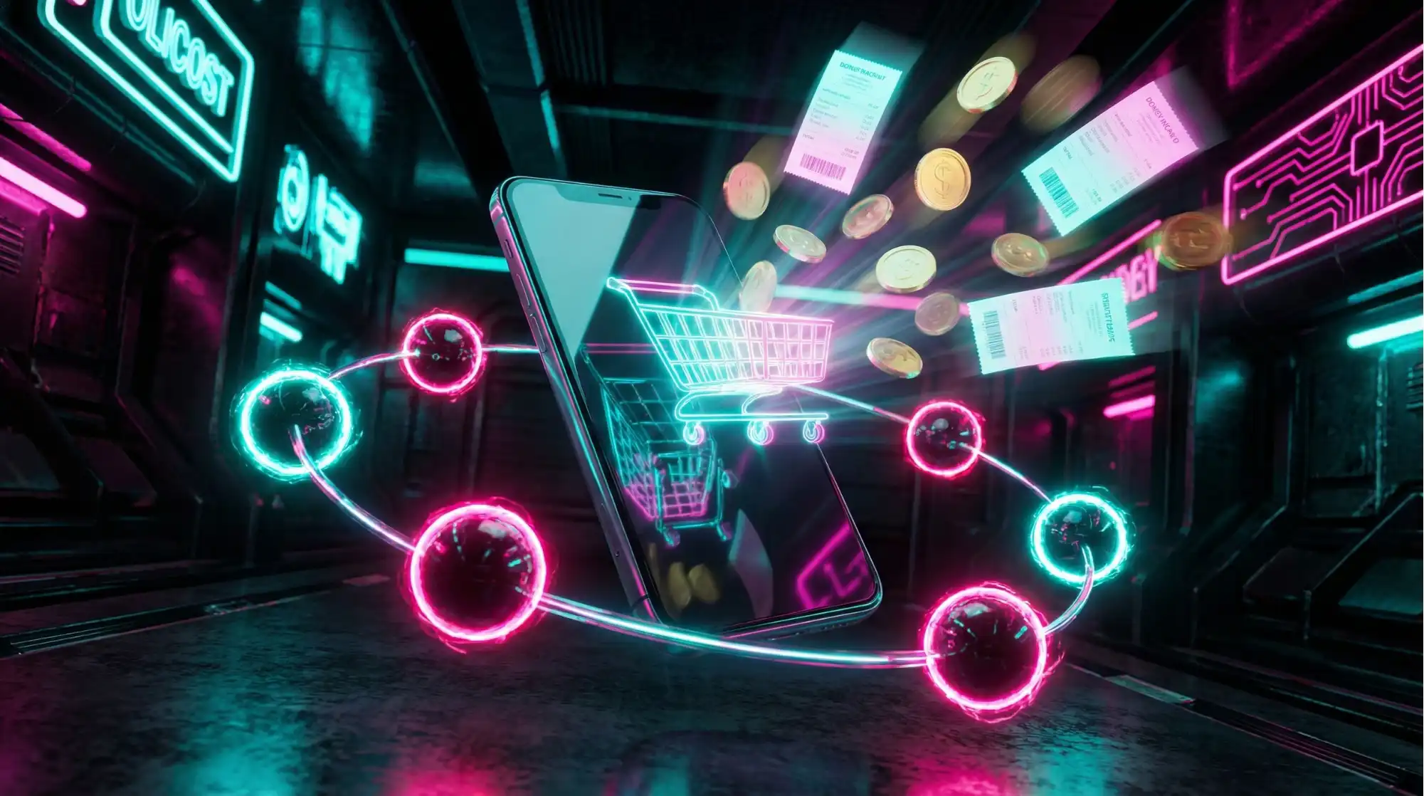 TikTok Shop traffic sources converging into shopping cart with neon pink and cyan pathways on dark futuristic background