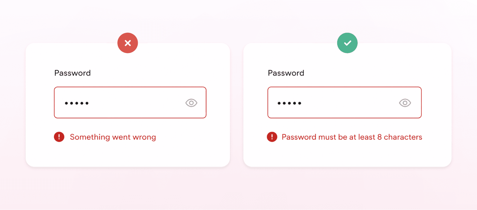 Two password input states: one showing a generic error message “Something went wrong” (incorrect), and another showing a specific validation message “Password must be at least 8 characters” (correct).