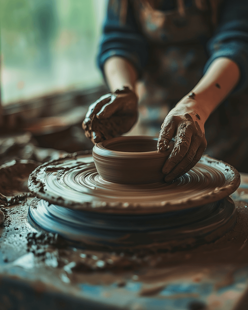 Hands shaping a clay pot on a pottery wheel, capturing the art of pottery with earthy tones and focused craftsmanship.