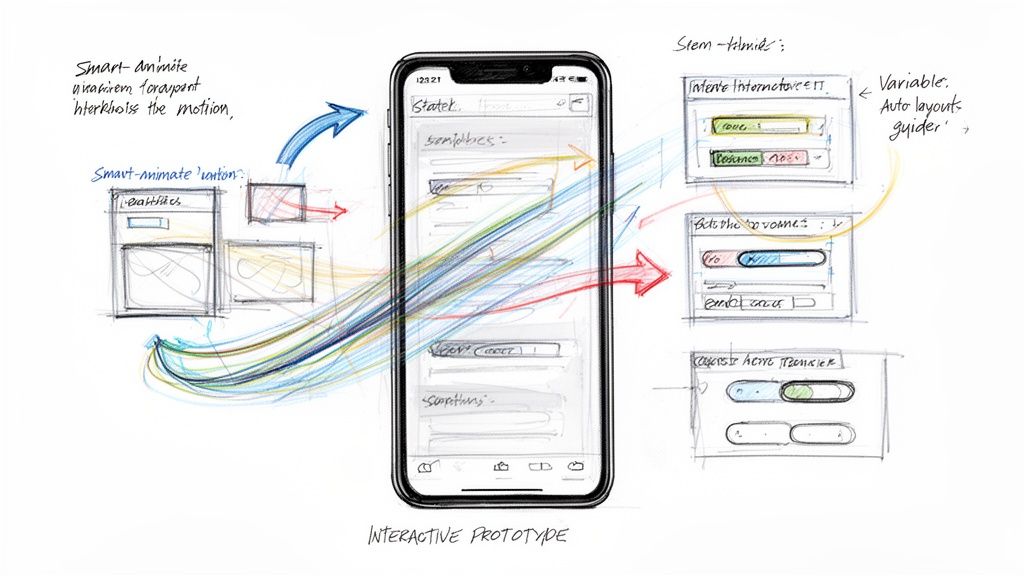 Sketches for an interactive prototype on a smartphone demonstrating smart animation and auto-layout features.