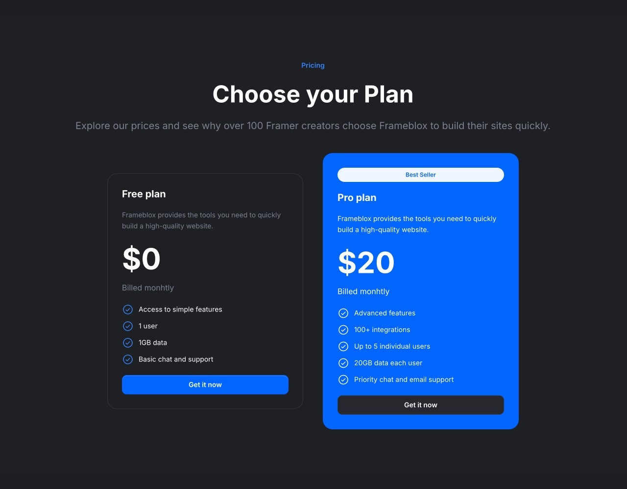 Framer Dark Pricing Section - Frameblox UI