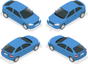 Isometric view of four blue cars on a dark background.