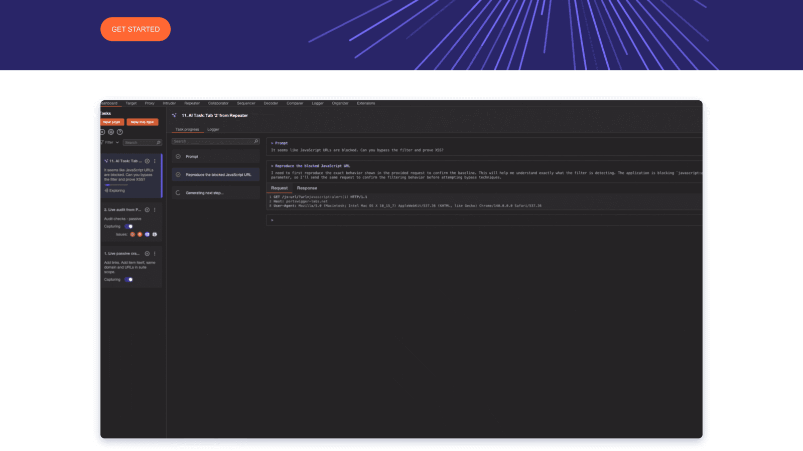 Burp Suite interface showing the Dashboard, Target, Proxy, Intruder, Repeater, Collaborator, Sequencer, Decoder, Comparer, Logger, Organizer, and Extensions tabs with an AI task running
