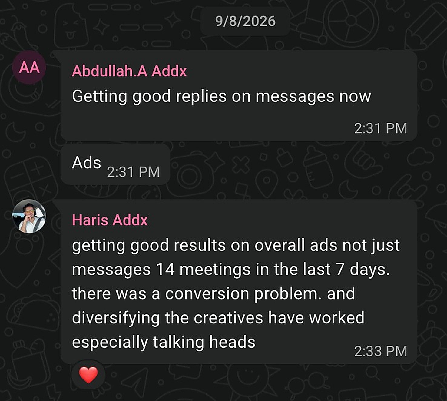 WhatsApp message from ADDX on Sep 8, 2026: getting good results on overall ads, 14 meetings in the last 7 days, and diversifying the creatives has worked, especially talking heads
