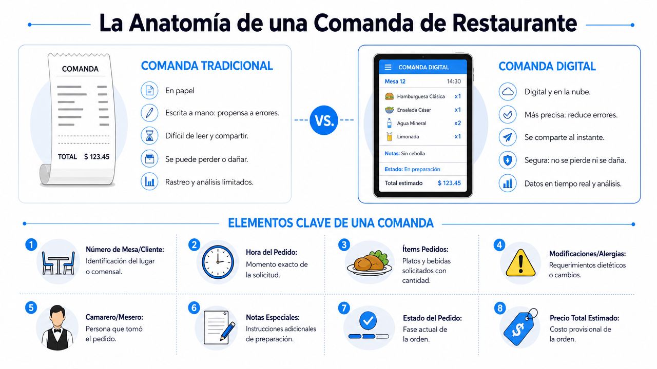 Infografía comparativa que explica las diferencias entre las comandas tradicionales en papel y las comandas digitales modernas.