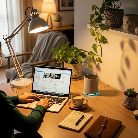 Cozy workspace with a laptop and AI assistant device, emphasizing productivity and comfort