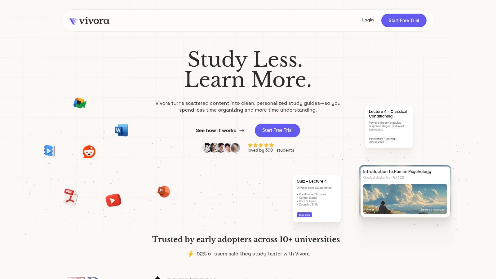 Vivora AI-powered learning platform dashboard showing a study guide with notes, flashcards, and a chatbot.