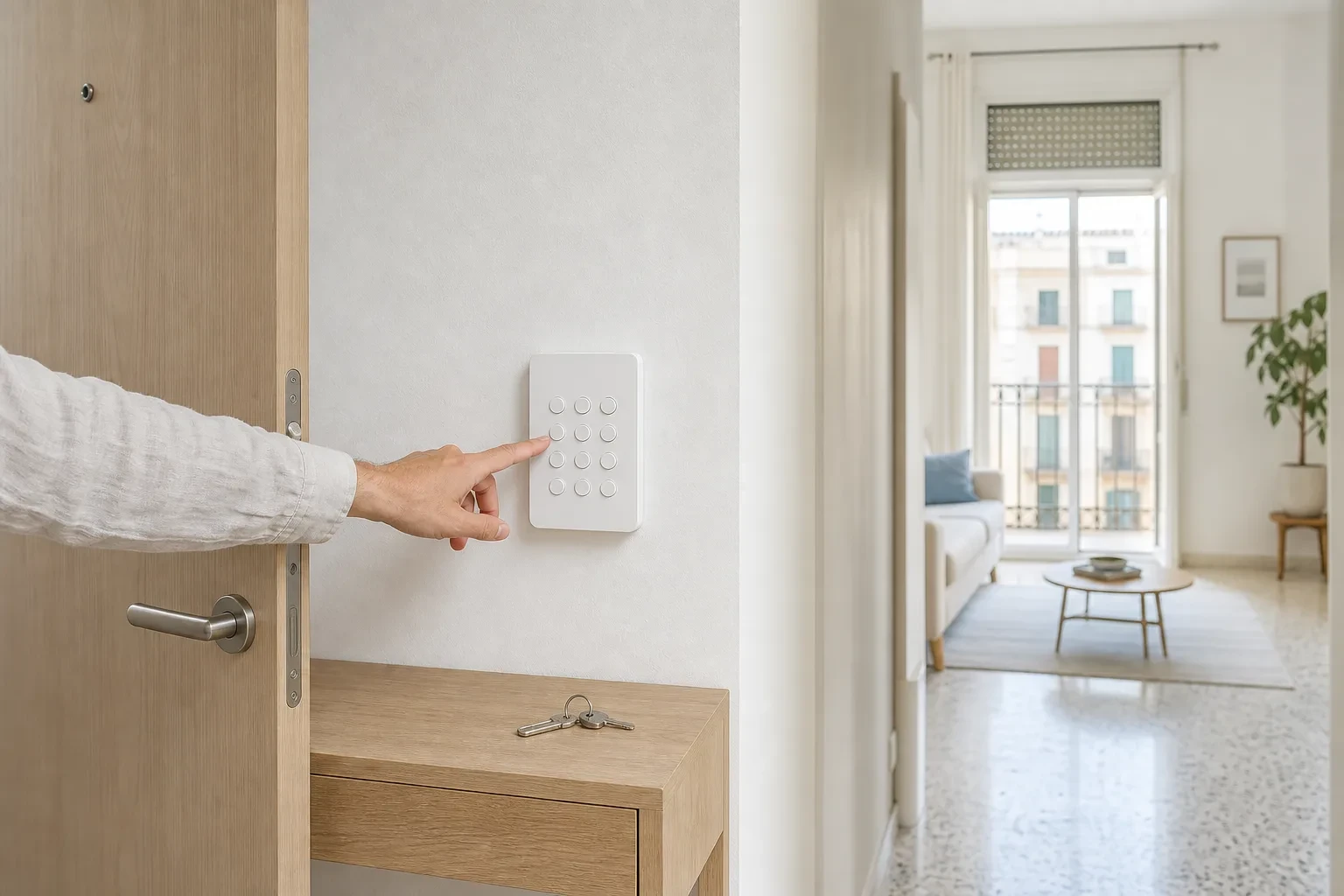 Mano desarmando el teclado de una alarma con central receptora al entrar en un piso luminoso de Tarragona
