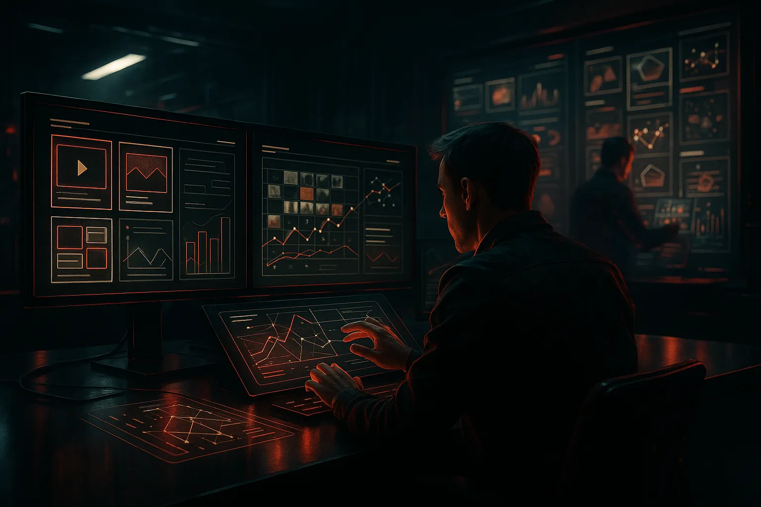 Man analyzing data on digital screens at RockN' Socials, a Digital Marketing Agency.