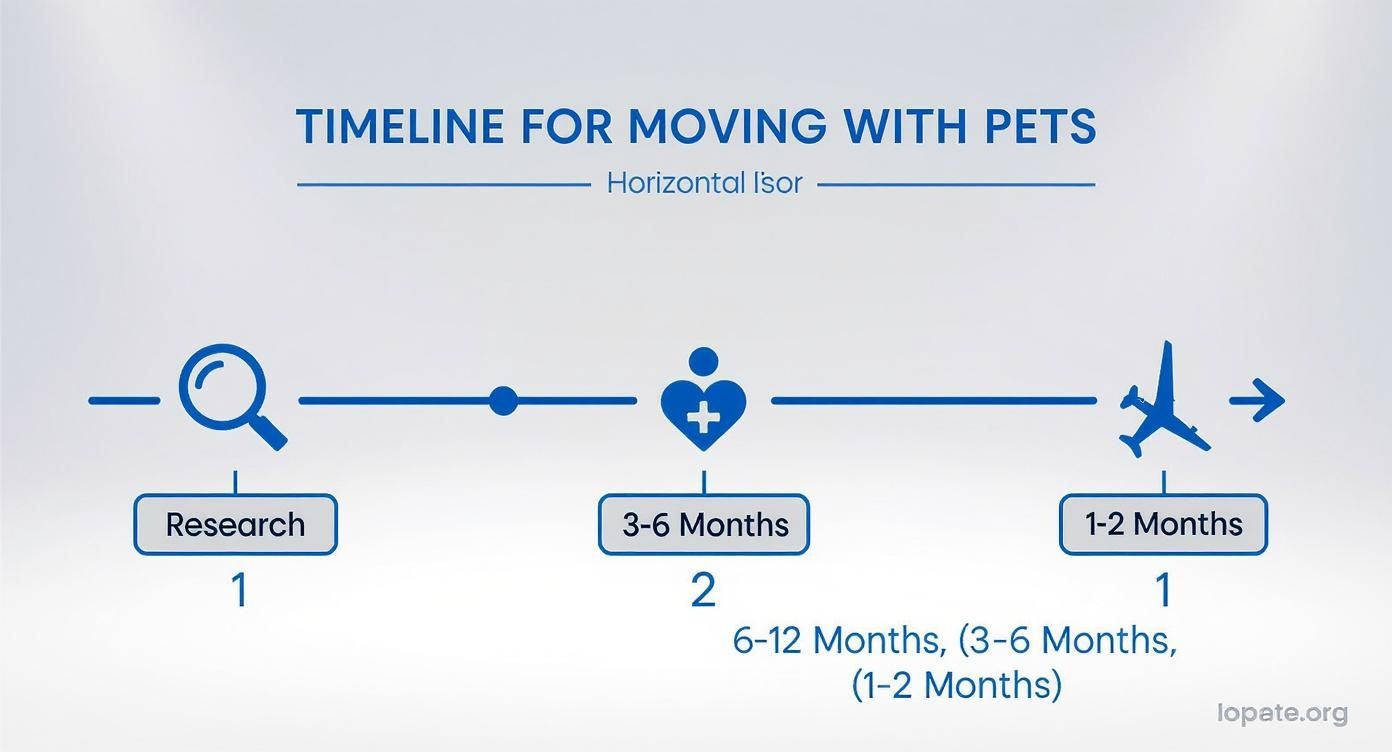Timeline infographic showing three stages for moving with pets: research, vet visits, and travel preparation