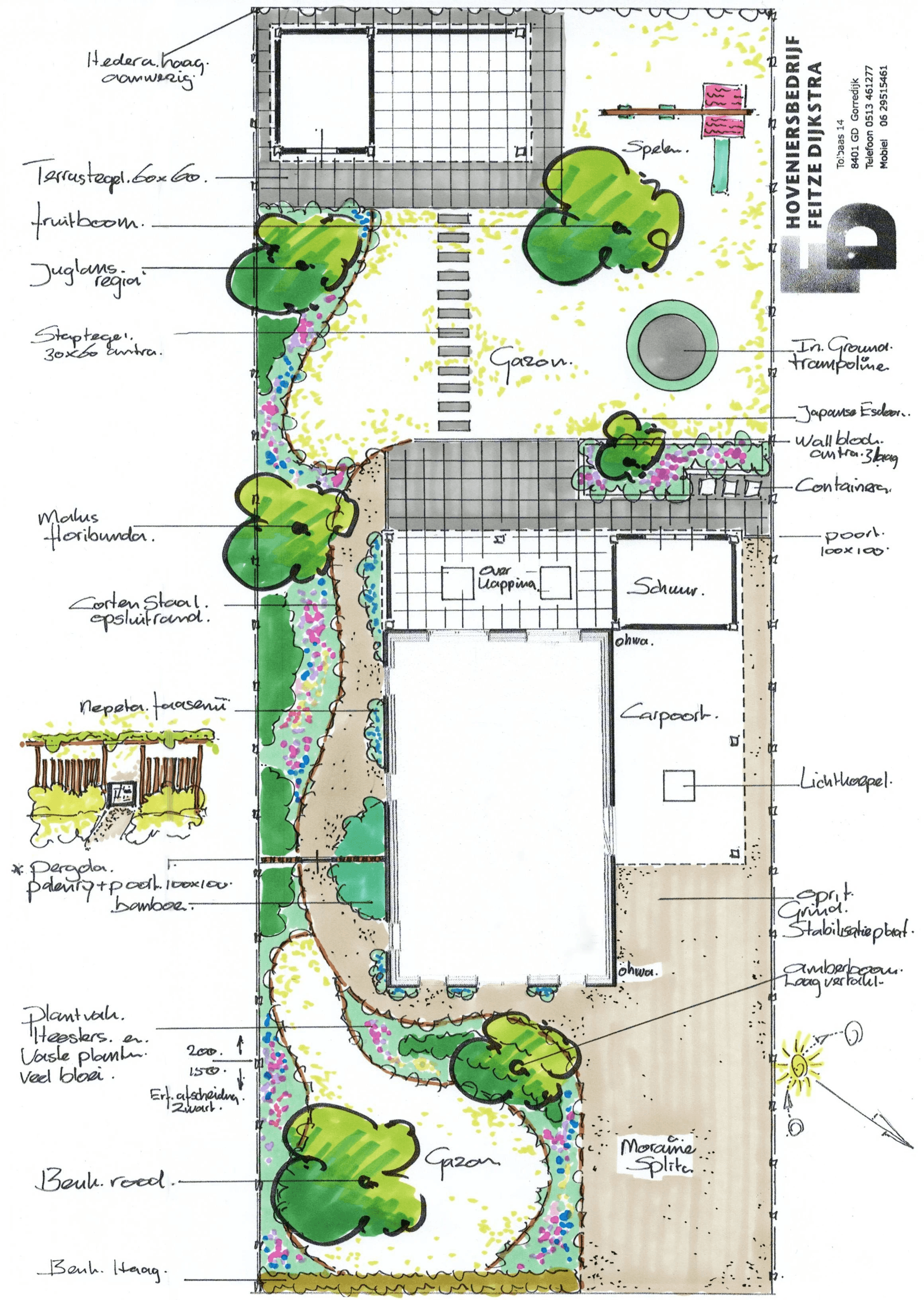 Tuinontwerp voor nieuwbouwwoning met gazon, fruitbomen, speeltoestellen, bestrating en diverse beplanting in kindvriendelijke tuin.