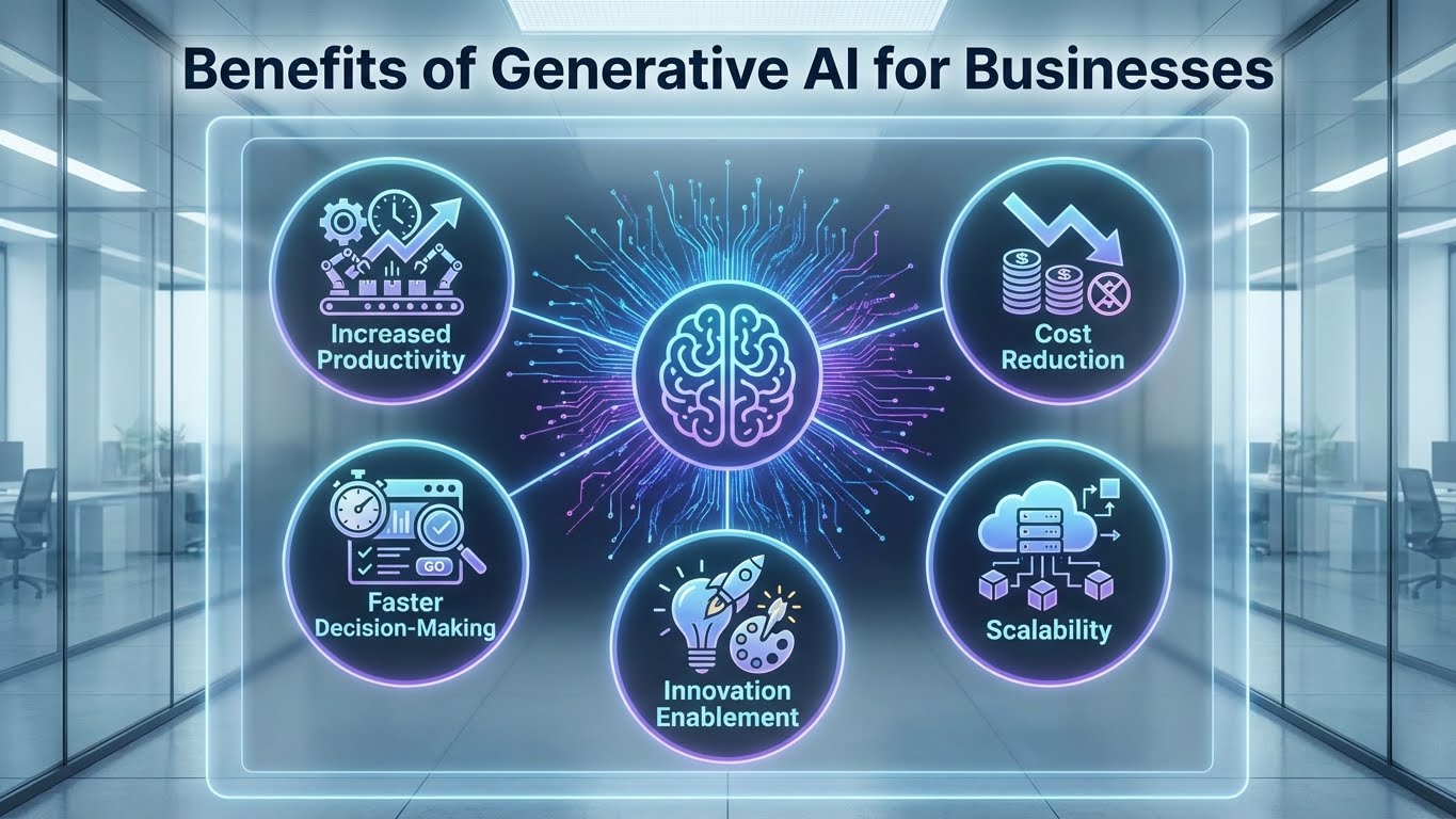 Benefits of generative AI for businesses showing increased productivity, cost reduction, faster decision-making, scalability, and innovation enablement