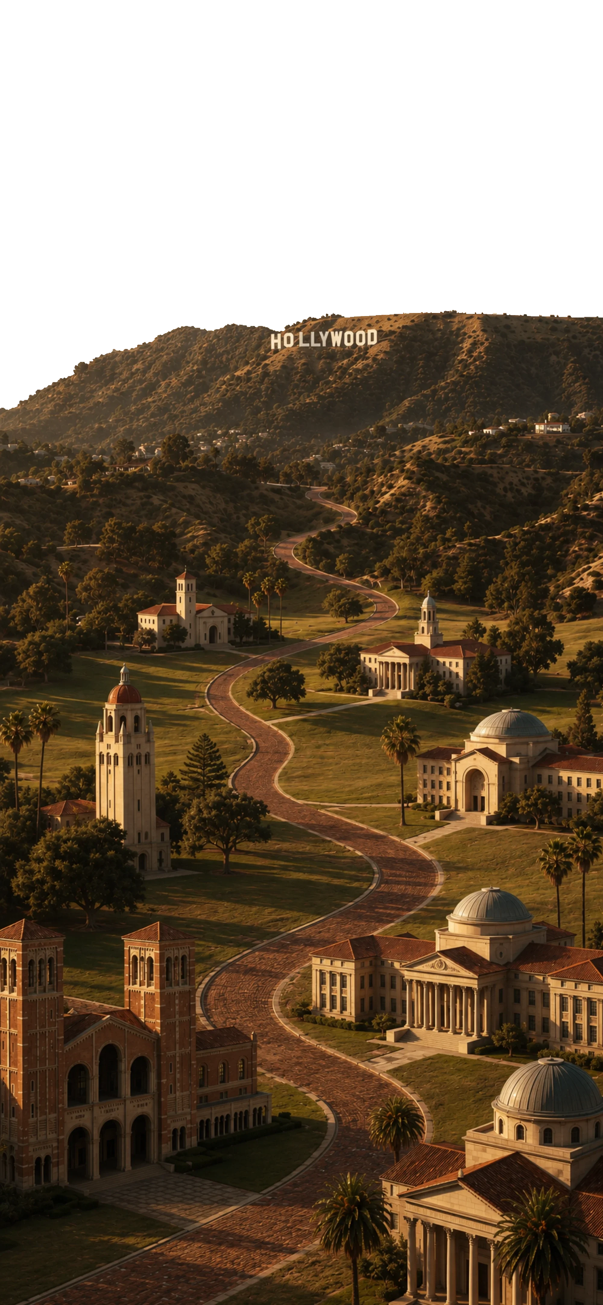 Aerial view of a university campus near the Hollywood Hills with palm-lined pathways and historic buildings