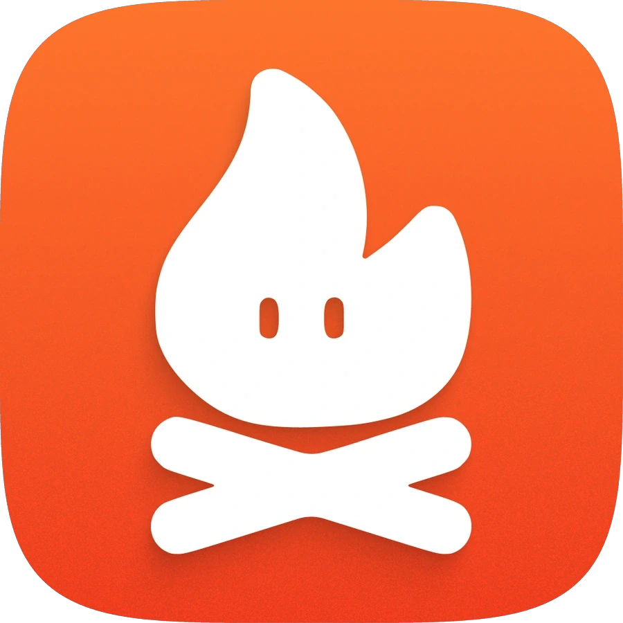 Icono de FitWoody 1.0: una hoguera blanca con dos ojos sobre fondo naranja