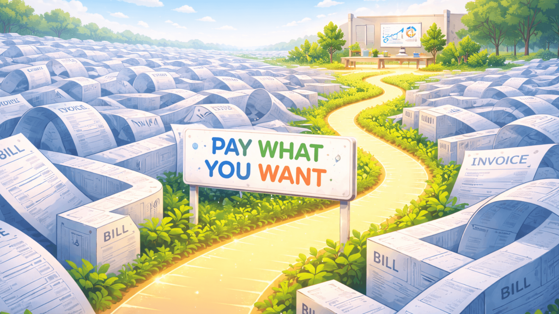 Bright, modern digital illustration of a maze made of oversized bills and invoices. A glowing golden path labeled 'PAY WHAT YOU WANT' leads through the maze toward a clean, sunlit digital workspace surrounded by greenery.