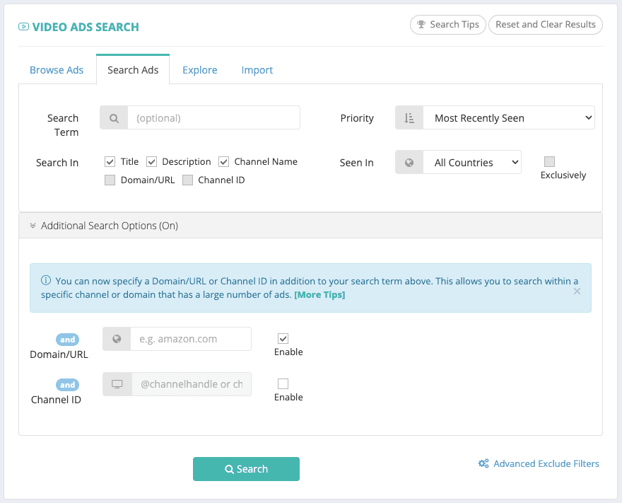 Video Ad Vault search