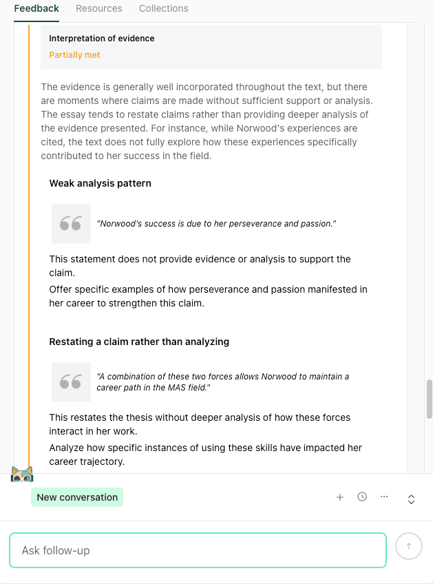 thesify feedback highlighting weak analysis in an academic draft where an interpretive claim about Norwood’s success is not demonstrated with evidence