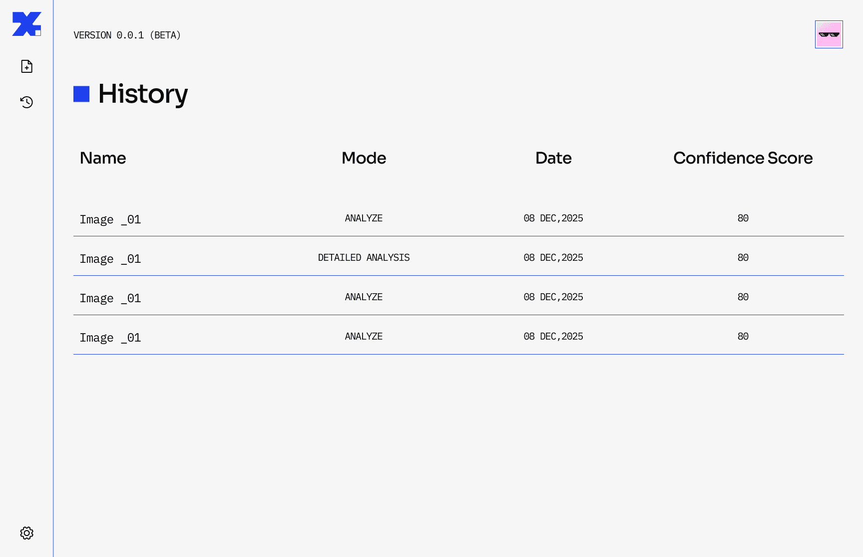 History page of X-Vertice