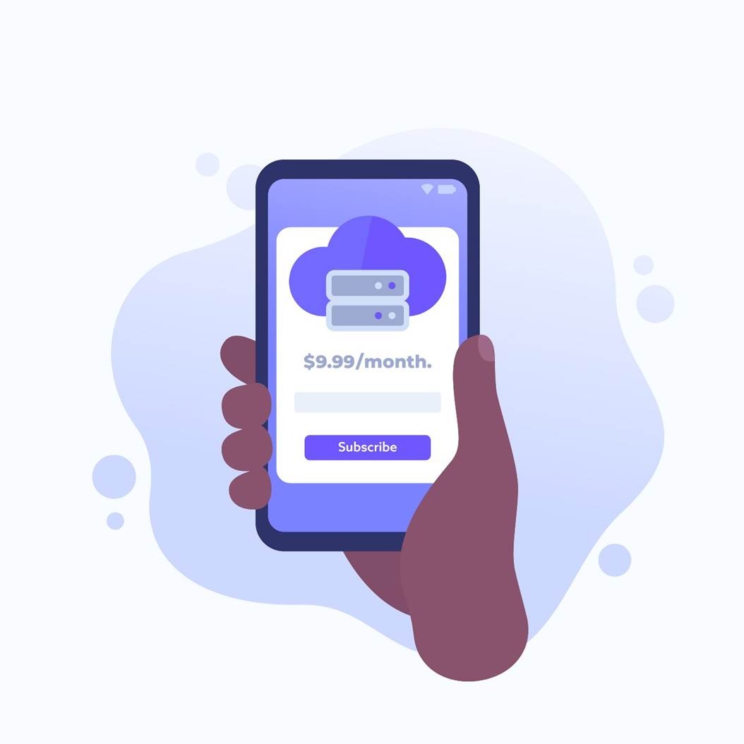 Illustration of a hand holding a smartphone displaying a cloud storage subscription plan at $9.99 per month with a subscribe button