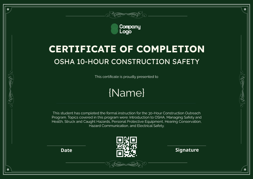 green certificate of OSHA 10 Hour Construction Safety