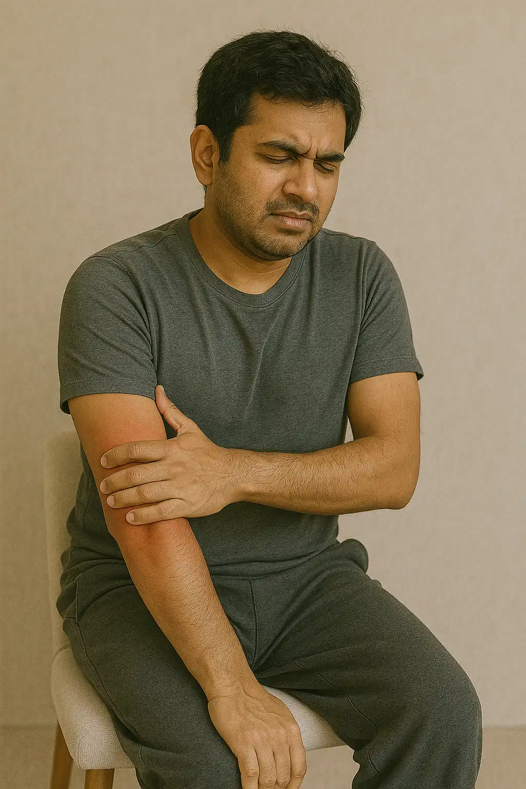 Man sitting and holding his reddened, painful forearm with a strained expression, showing symptoms of arm inflammation, muscle soreness, or soft-tissue injury.