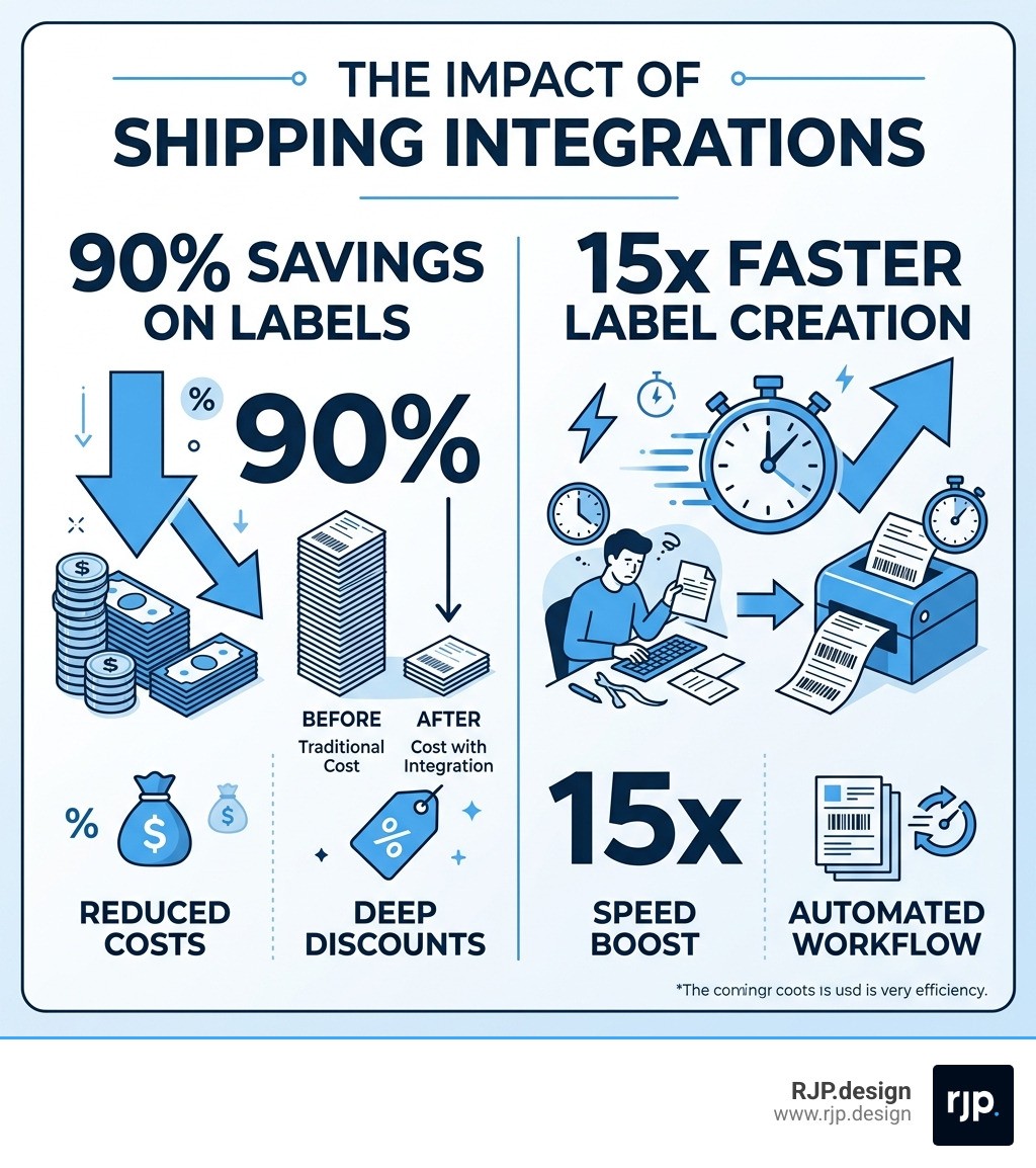 Infographic showing 90% savings on labels and 15x faster label creation using shipping integrations infographic
